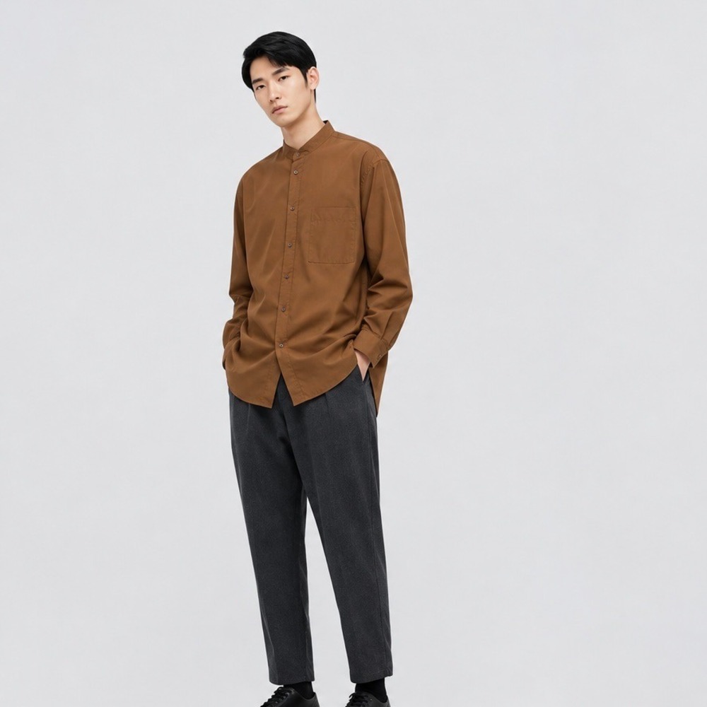 Uniqlo +J Supima Cotton Shirt Mens S Brown Band Collar Jil Sander Oversized JP